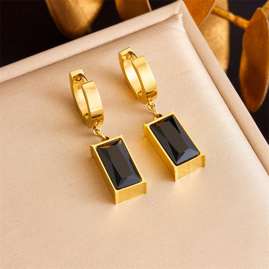Vintage-Style Geometric Black Gemstone Pendant Stainless Steel Earrings for Women