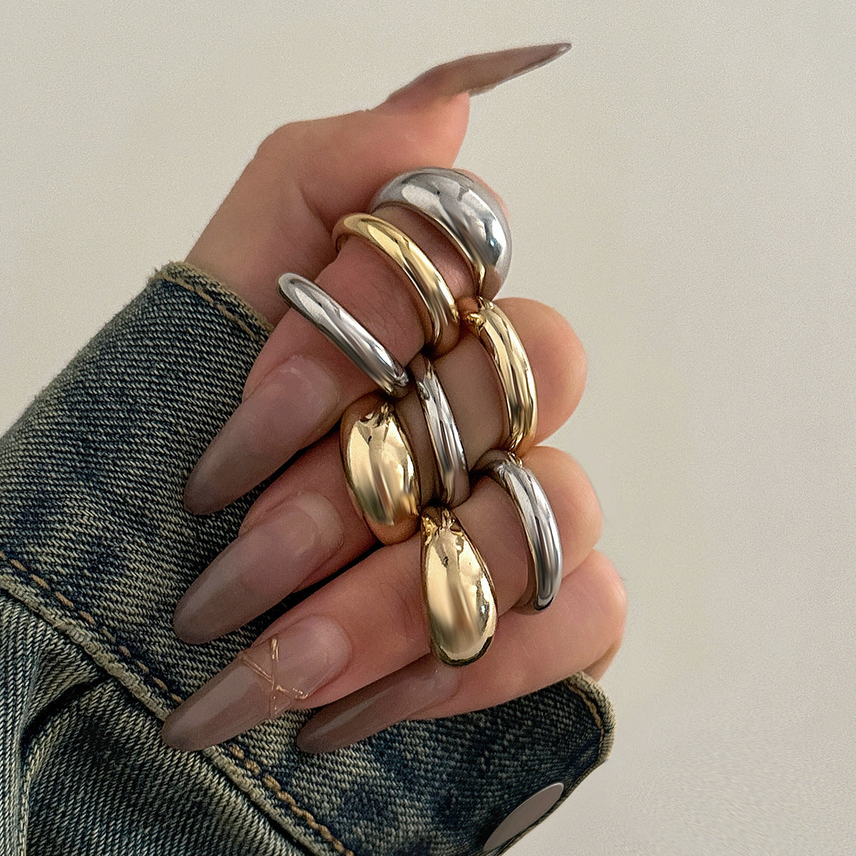 Geometric Plated Zinc Alloy Ring Set for Women