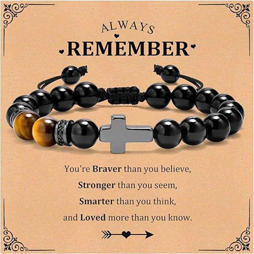 Luxury Matte Tiger's Eye Cross Pendant Beaded Bracelet Unisex Geometric Round Charm