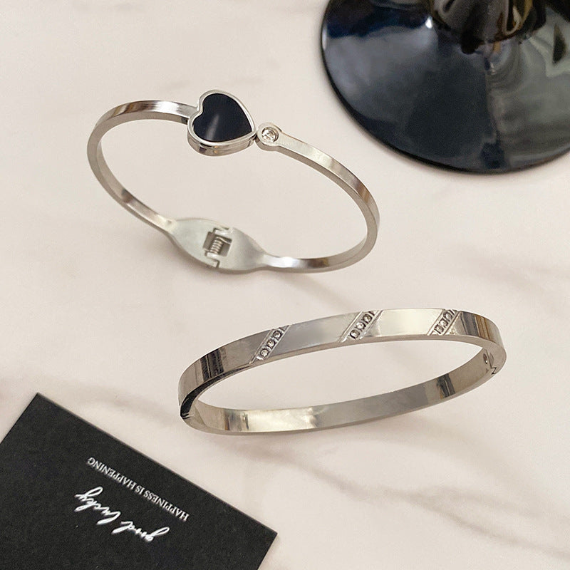 Fan Shaped Heart Rhinestone Inlaid Titanium Steel Plated Open Cuff Bracelet