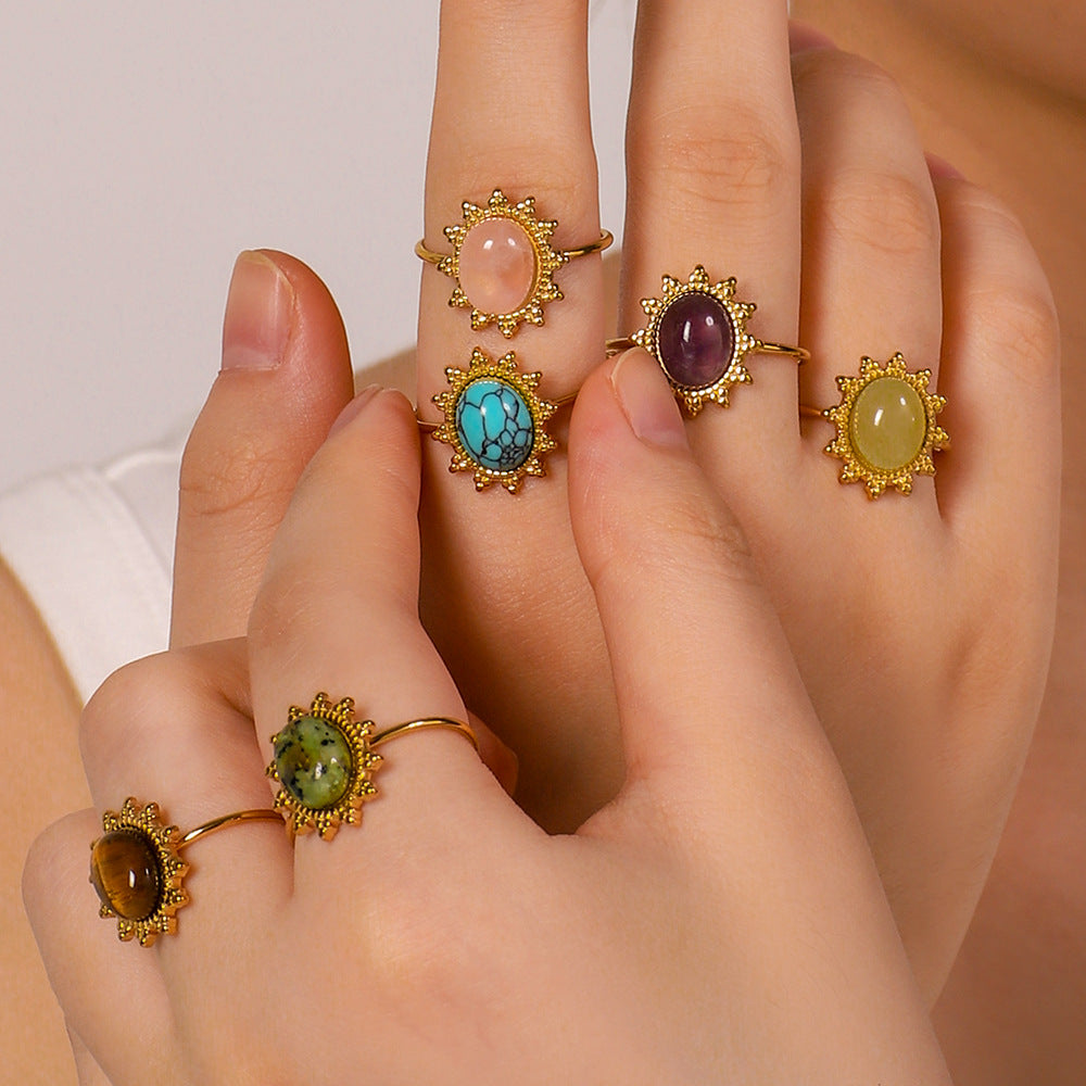 Anello Geometrico in Acciaio Inossidabile con Intarsi in Occhio di Tigre e Turchese, Anello da Donna Regolabile alla Moda