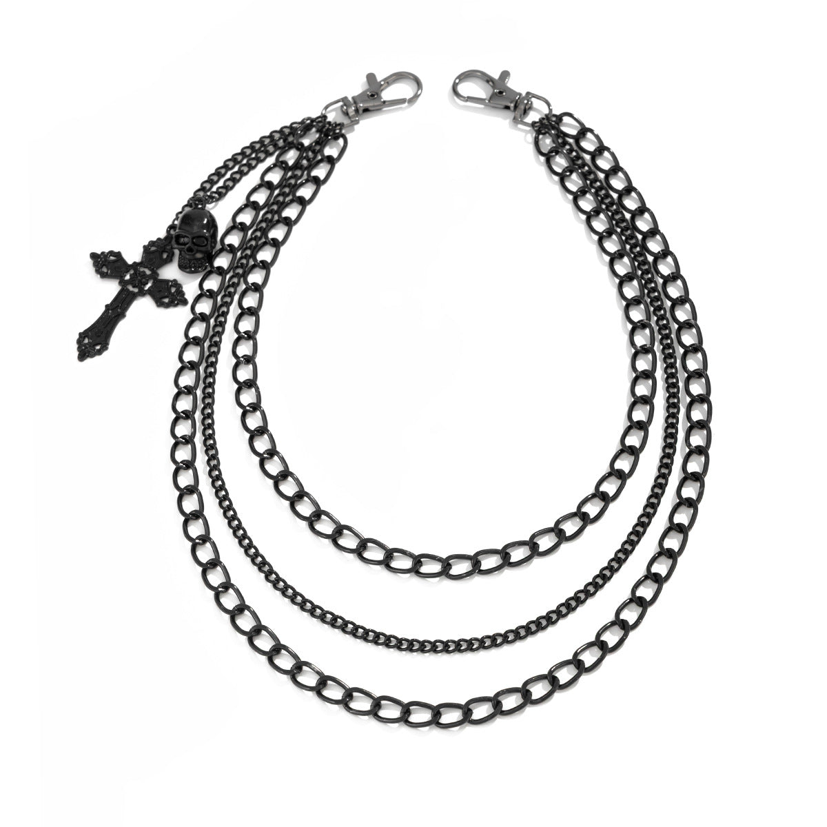 Catena in vita da donna gotica chic con croce e mezzaluna, finitura in metallo opaco e chiusura a moschettone