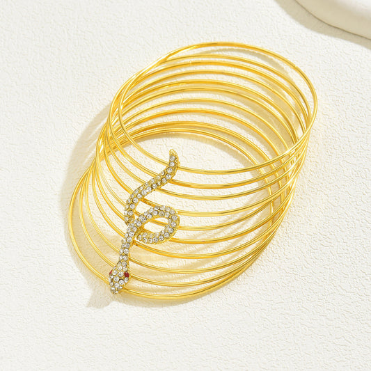 Hippie Style Multi-Layer Snake-Shaped Bracelet for Women with Rhinestone Inlay and Gold Plated Alloy