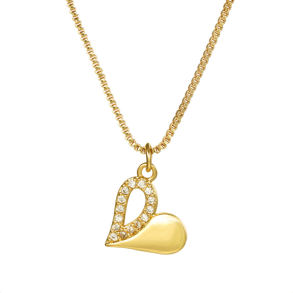 Elegant Heart Brass Cubic Zirconia Pendant Necklace Cable Chain Unisex