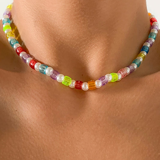 Minimalist Geometric Beaded Necklace in Plastic Resin with Round Beads and Layered Styling Options