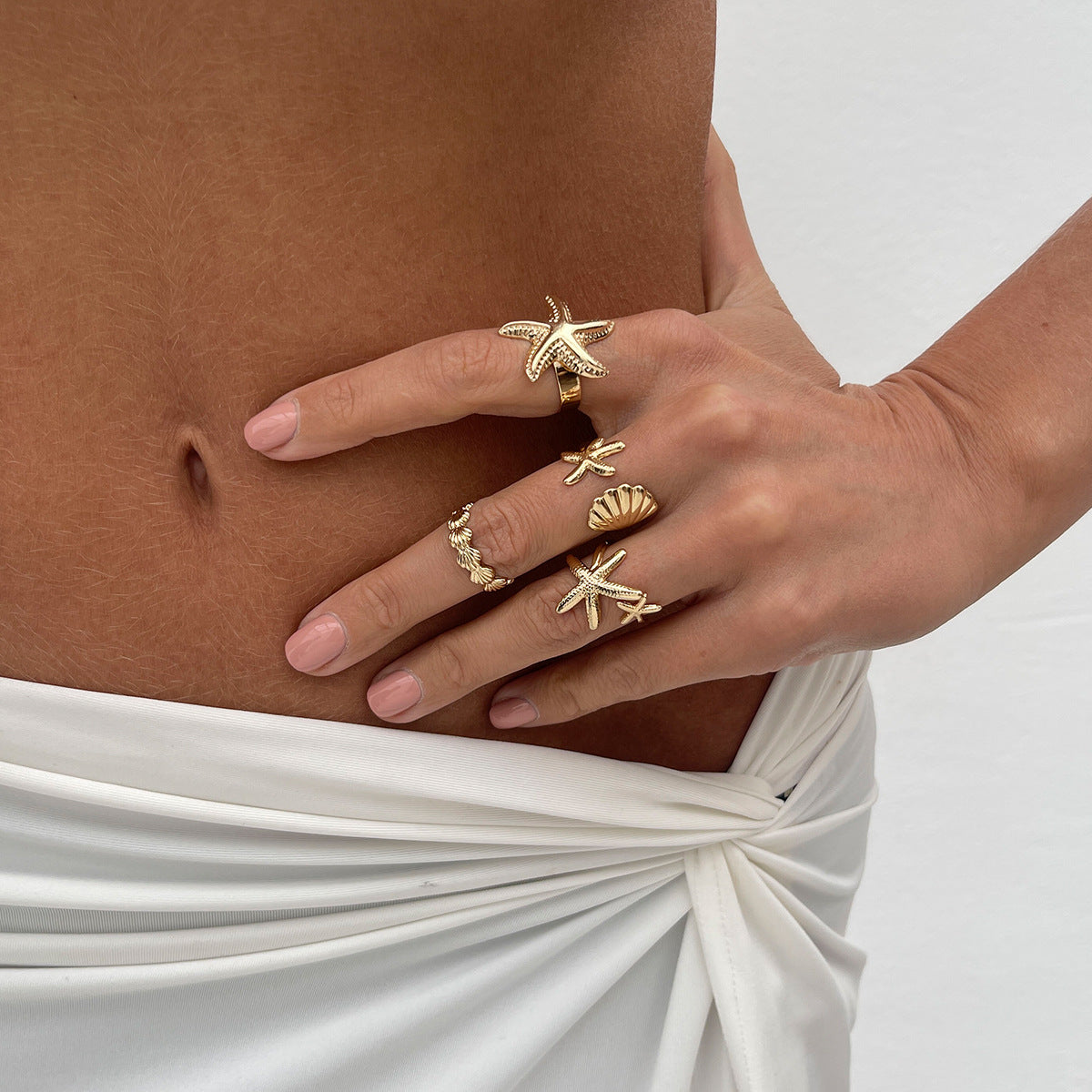 Geometric Starfish Plated Zinc Alloy Adjustable Ring Set for Women