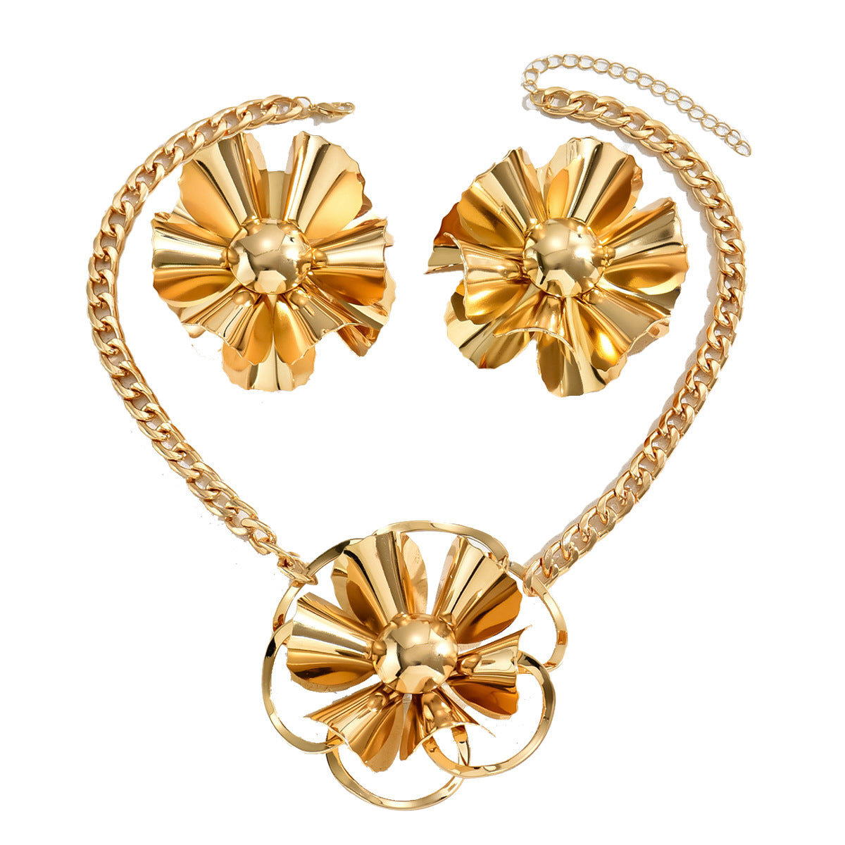 Set collana con pendente floreale e orecchini a perno in lega con placcatura e design a petalo per donna, stile minimalista di lusso