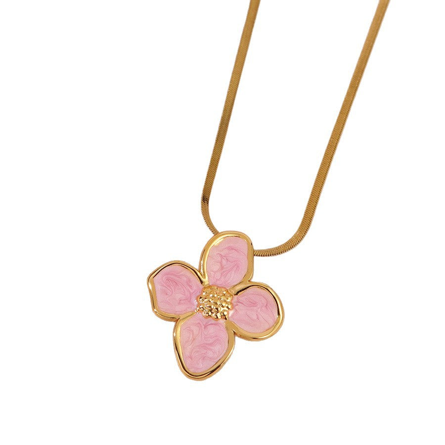 Elegant Drip Oil Plated Floral Stainless Steel Snake Chain Necklace for Women