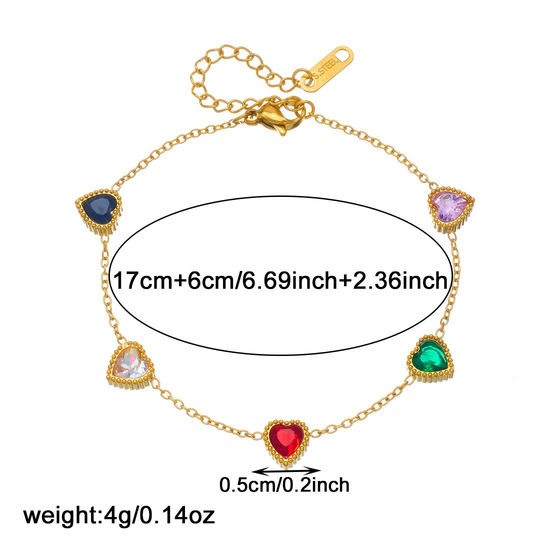 Colorful Rhinestone Heart Plated Stainless Steel Bracelet for Women