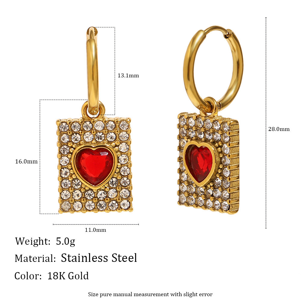Minimalist Geometric Red Heart Stainless Steel Earrings with 18K Gold Plating and Full Rhinestone Inlay for Women