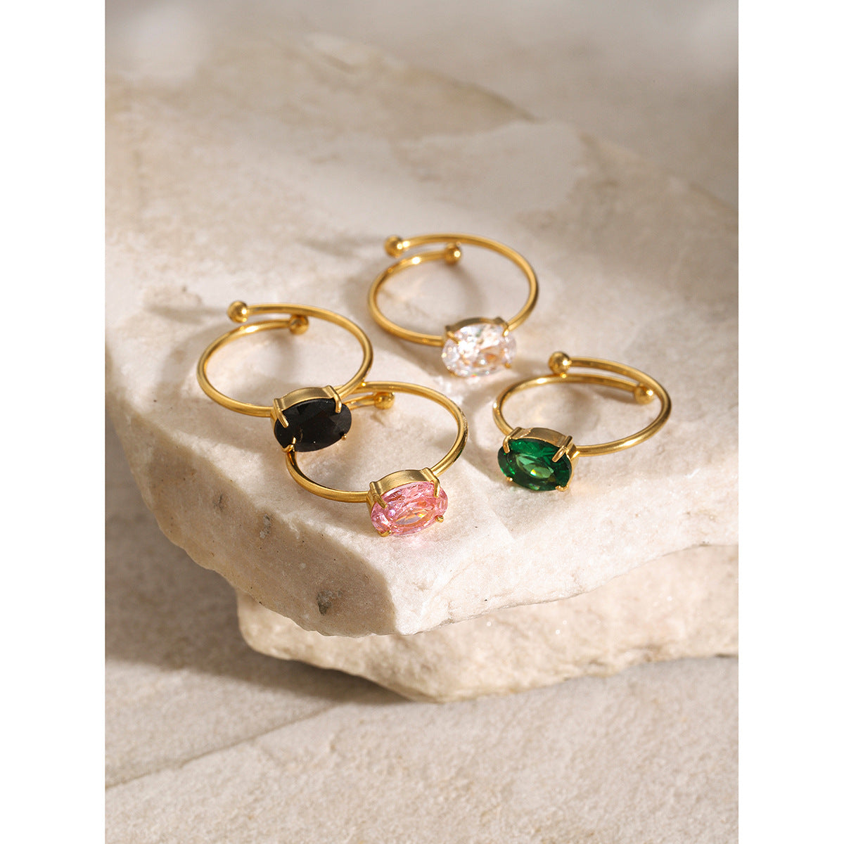 Ins Style Cute 18K Gold Plated Stainless Steel Ring with Pink Zircon Geometric Adjustable Design for Women
