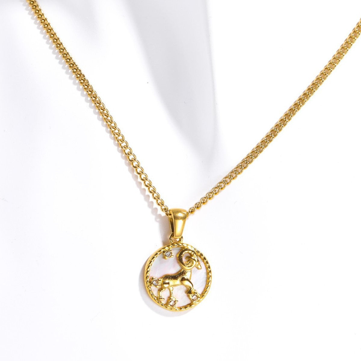 18K Gold Plated Titanium Steel Round Zodiac Coin Necklace PVD Finish Unisex
