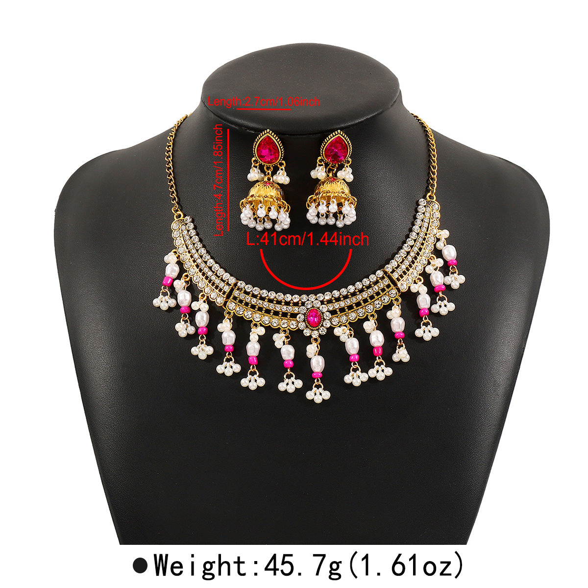 Set Collana e Orecchini Bohemian Vintage con Fantasia Geometrica, Ciondolo Imitazione Perla, Intarsio di Strass, Nappina e Catena Regolare