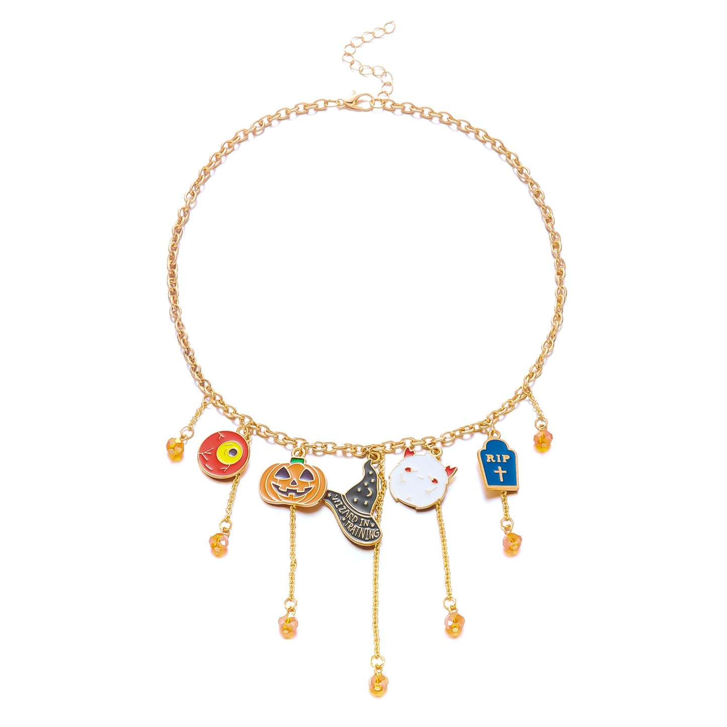 Dulce y Atrevido Collar con Colgante de Halloween con Calabaza de Aleación, Fantasma, Sombrero de Bruja, Borla, Calavera, Mano y Araña en Cadena Estándar