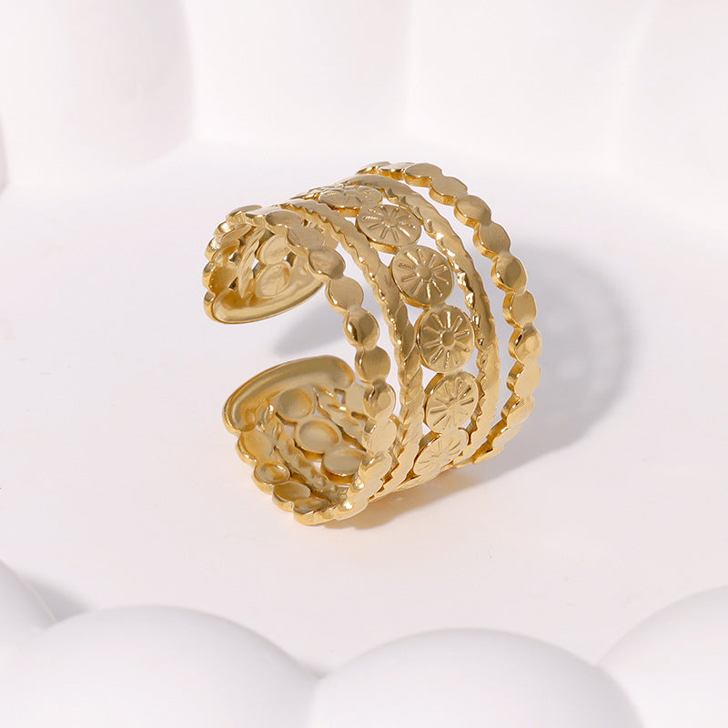 Vintage Geometric Stainless Steel Adjustable Ring for Women with Plated Finish, Hypoallergenic and Fade-Resistant