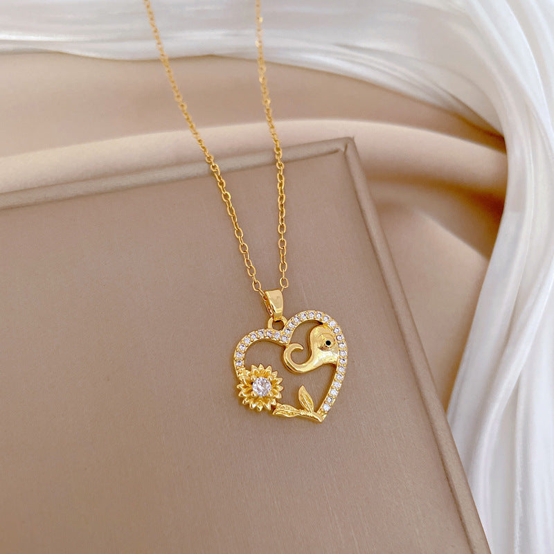 Collana pendente a forma di elefante girasole minimalista da donna e da uomo con catena a serpente in acciaio inossidabile e intarsio di strass