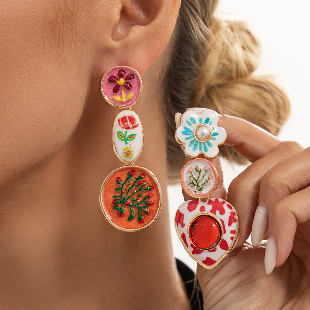 Sweet Floral Drip Oil Plated Zinc Alloy Heart Moon Geometric Earrings for Women
