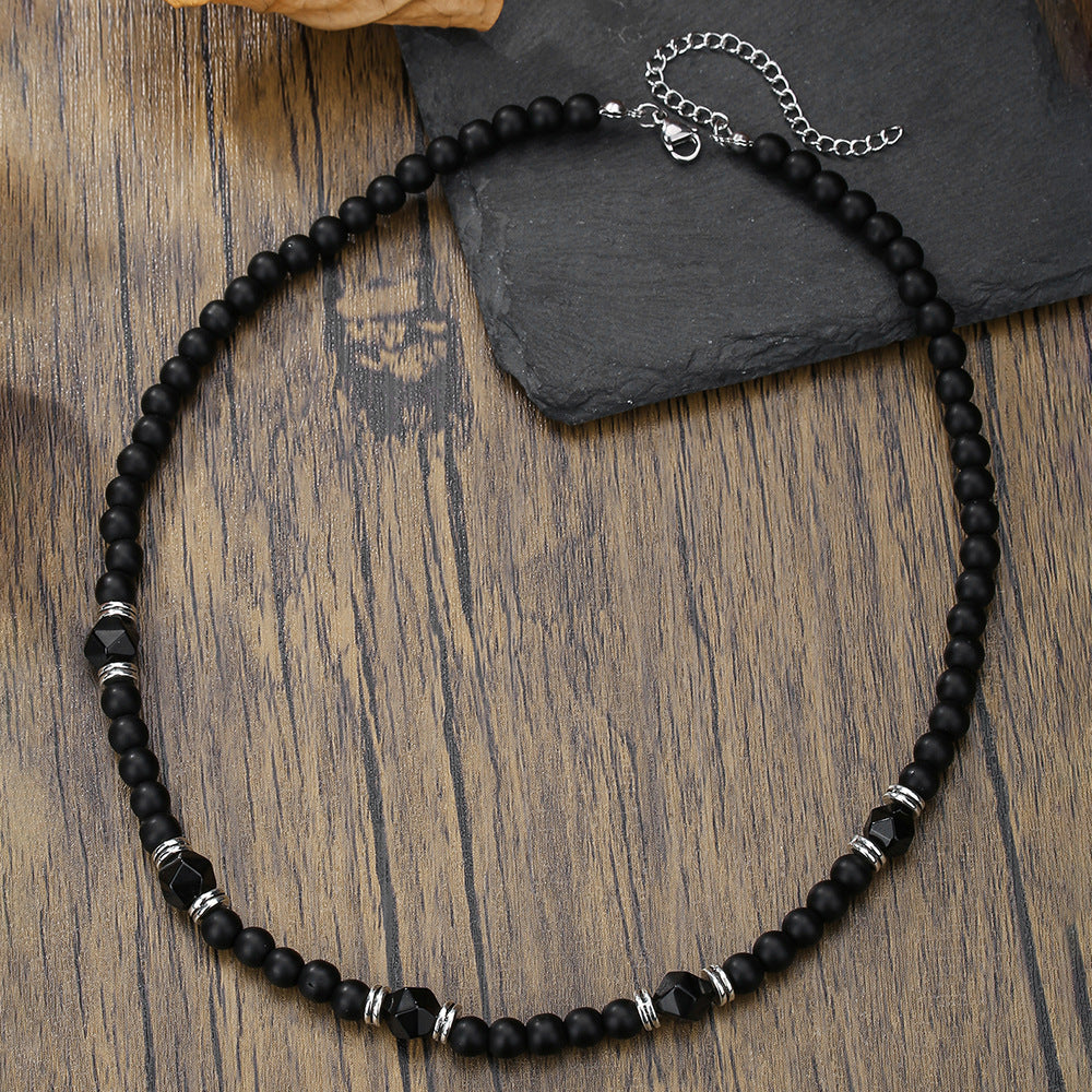 Hip-hop Punk Geometric Round Matte Stainless Steel Beaded Necklace with Alloy and Agate Pendant