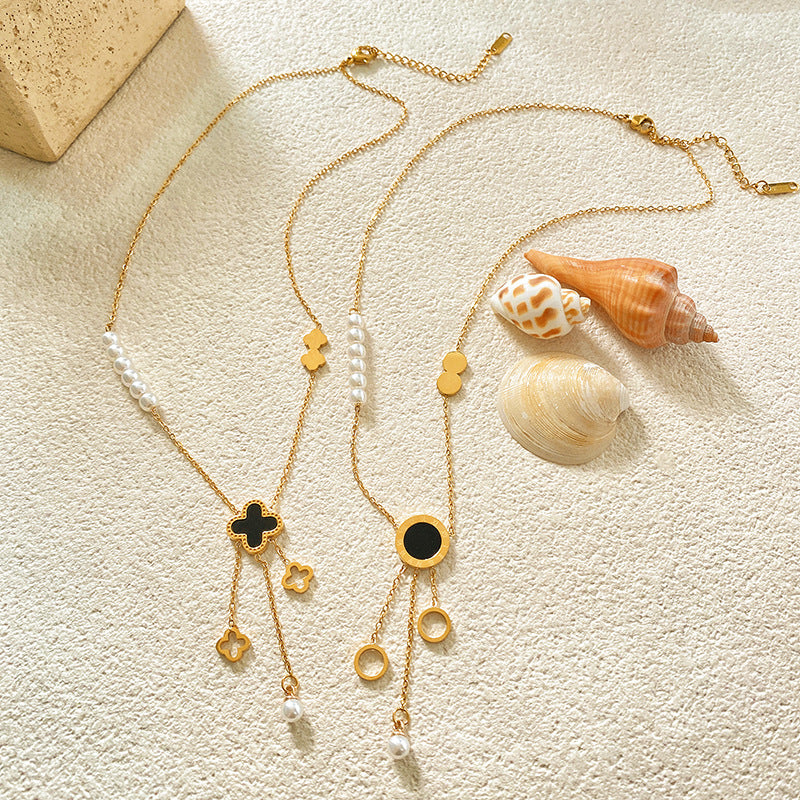 Hollow Four-Leaf Clover Tassel Titanium Steel Necklace