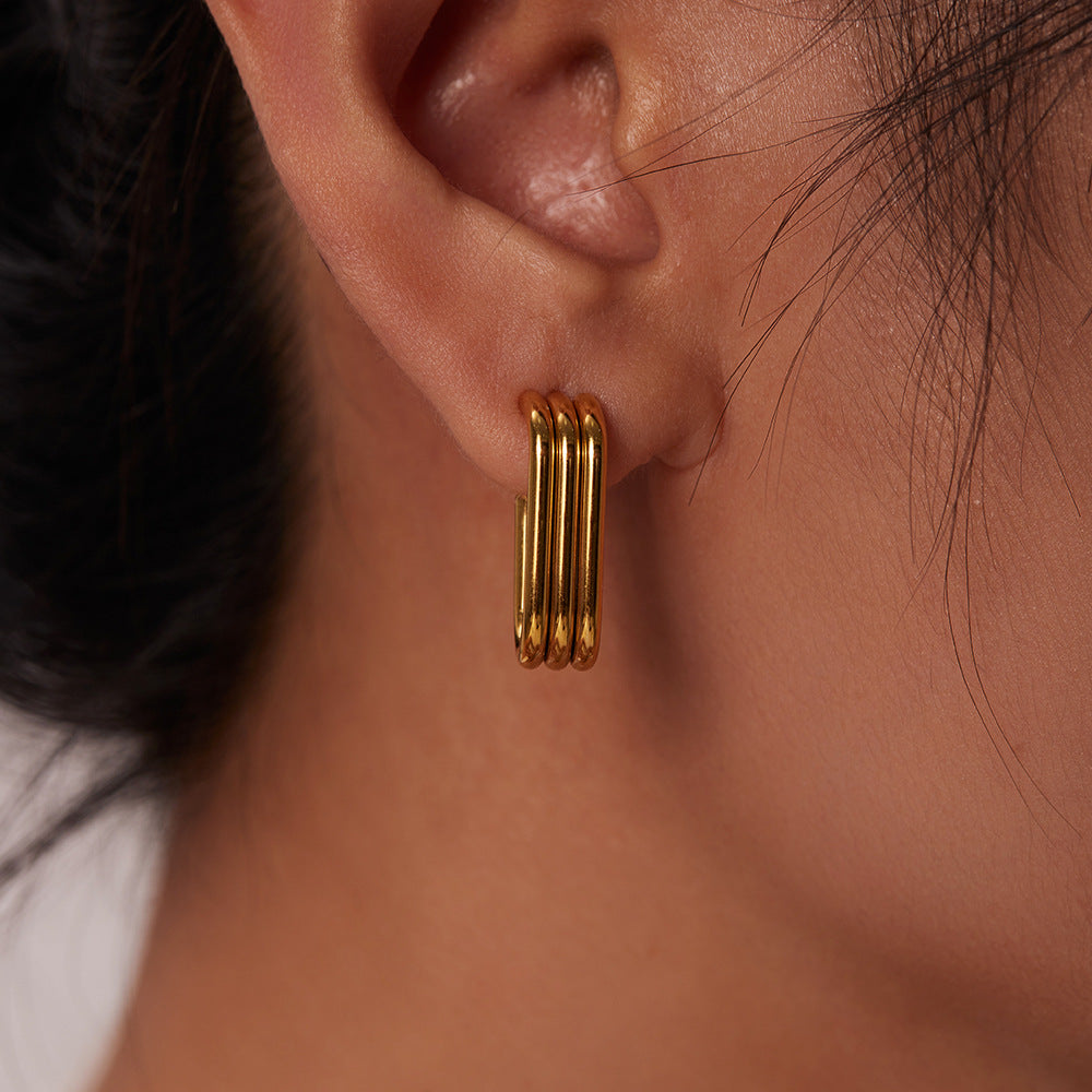 Minimalist Geometric Stainless Steel Earrings with 18K Gold Plating Triple U-Shaped Hoop Design