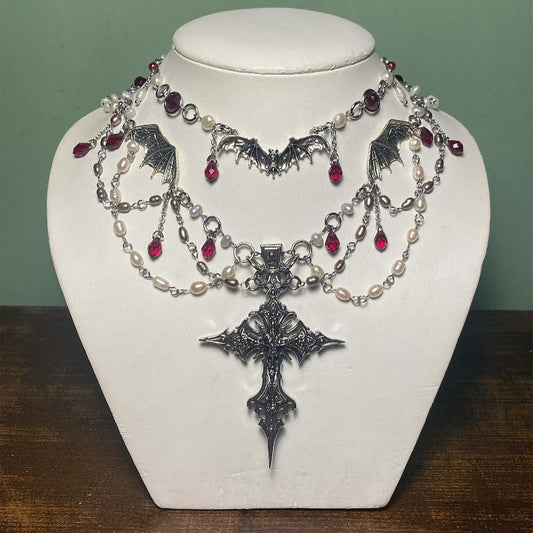 Collana Girocollo Gotica di Halloween con Croce e Pipistrello da Donna in Lega Elettroplaccata Stile Vintage Minimalista