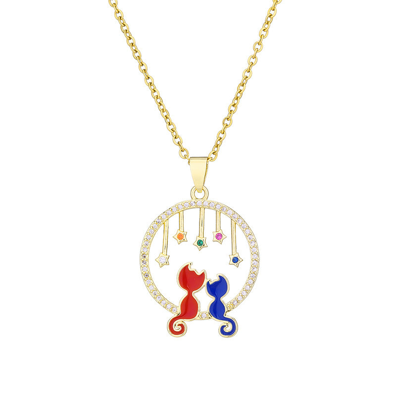 Collana con ciondolo a forma di gatto minimalista in rame placcato oro con intarsi di strass su catena a O per donne e coppie
