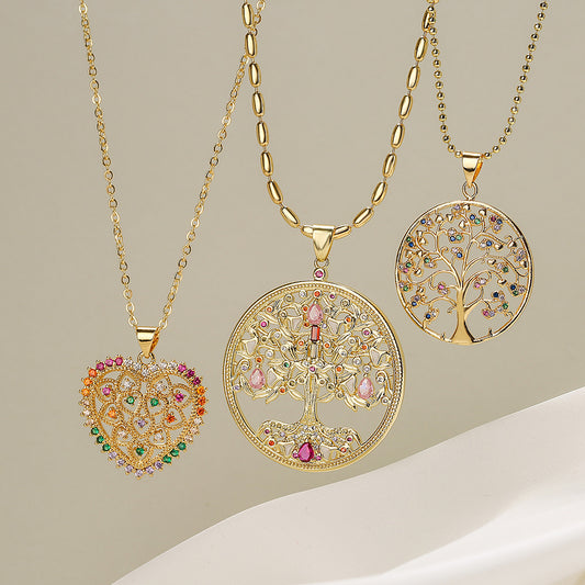 Collar con colgante minimalista de cobre en forma de árbol con baño de oro y circonitas para mujer