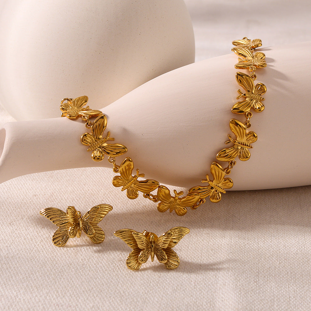 Vintage Style Butterfly-Shaped Stainless Steel Bracelet and Earrings Set with 18K Gold Plating Minimalist Luxury Jewelry