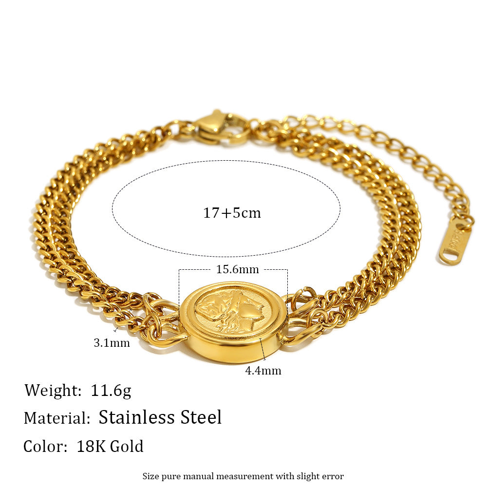 Fashionable Vintage Geometric Stainless Steel Plated 18K Gold Double Layer Queen Portrait Bracelet for Women