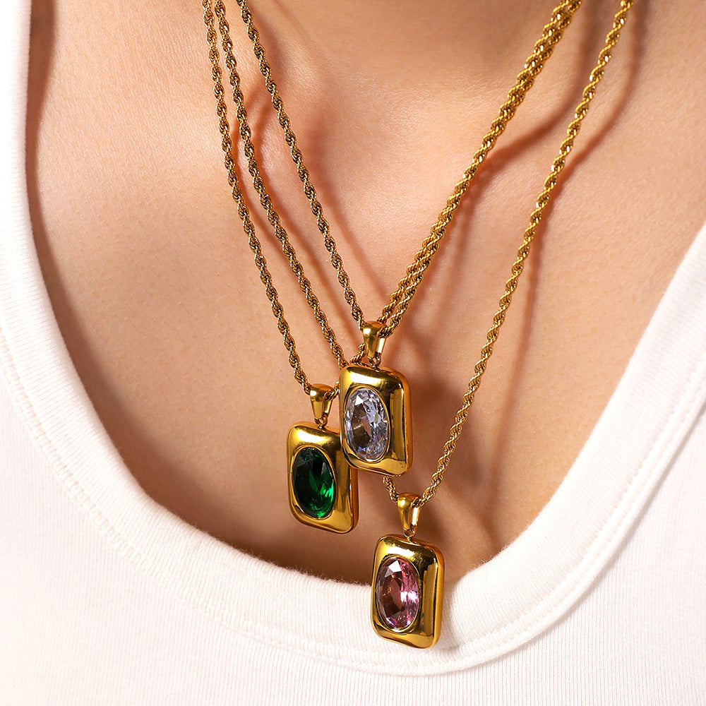 Geometric Pendant Necklace with Zircon Inlay in 18K Gold-Plated Stainless Steel on Twisted Chain for Women