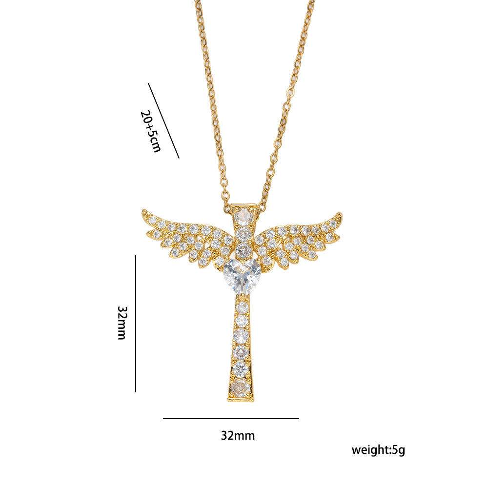 Luxury Style Cross Pendant Necklace in Gold-Plated Copper with Zircon Inlay on O-Chain for Unisex Wear