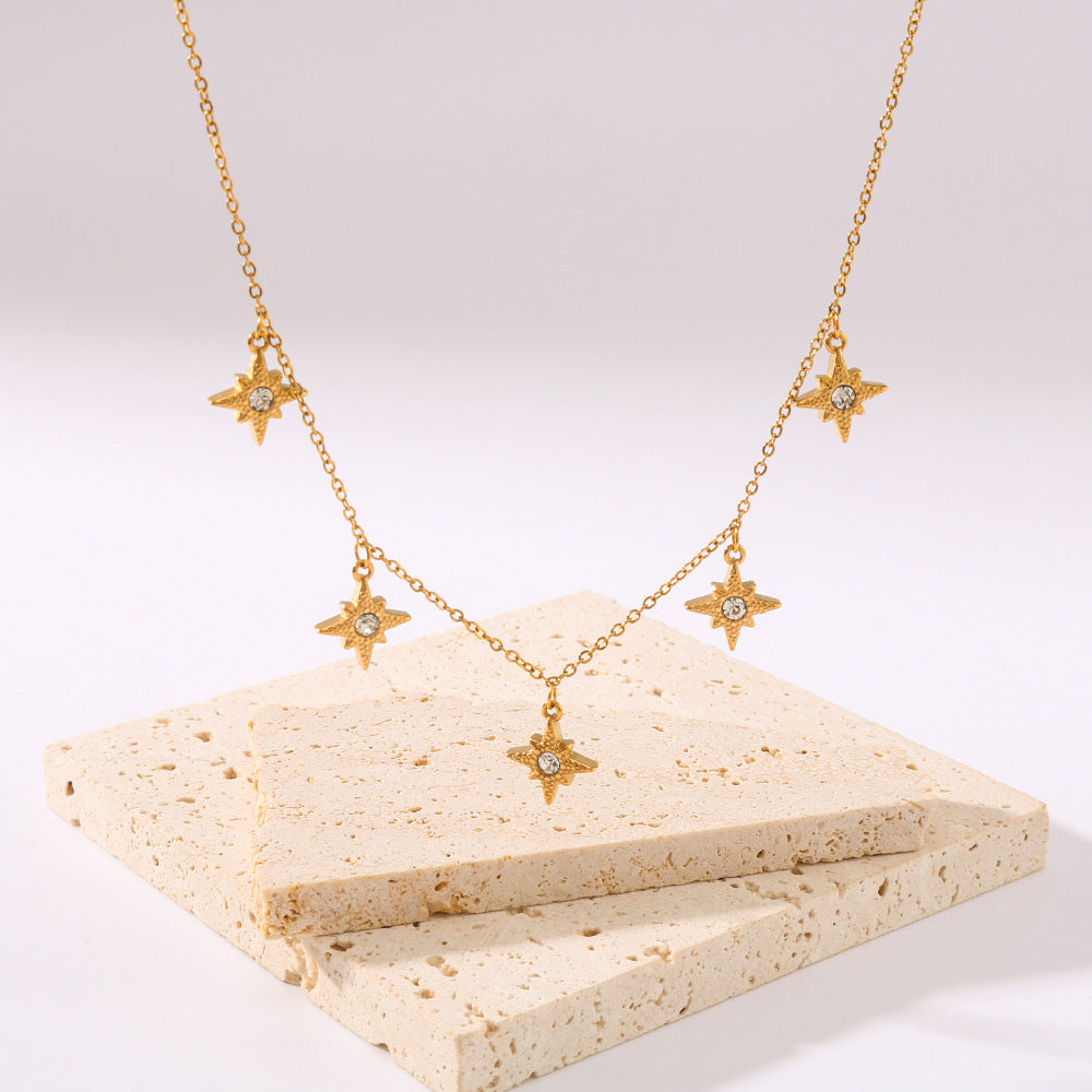 Elegant Geometric Eight-Pointed Star Rhinestone Pendant Necklace in Stainless Steel with 18K Gold Plating for Women