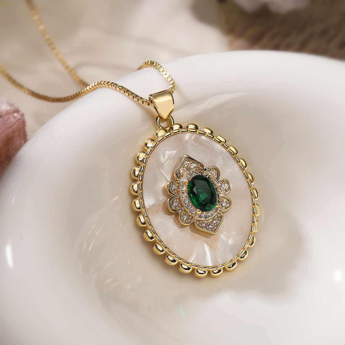 Minimalist Oval Shell Pendant Necklace for Women with Copper Base and 18K Gold Plating, Zircon Inlay