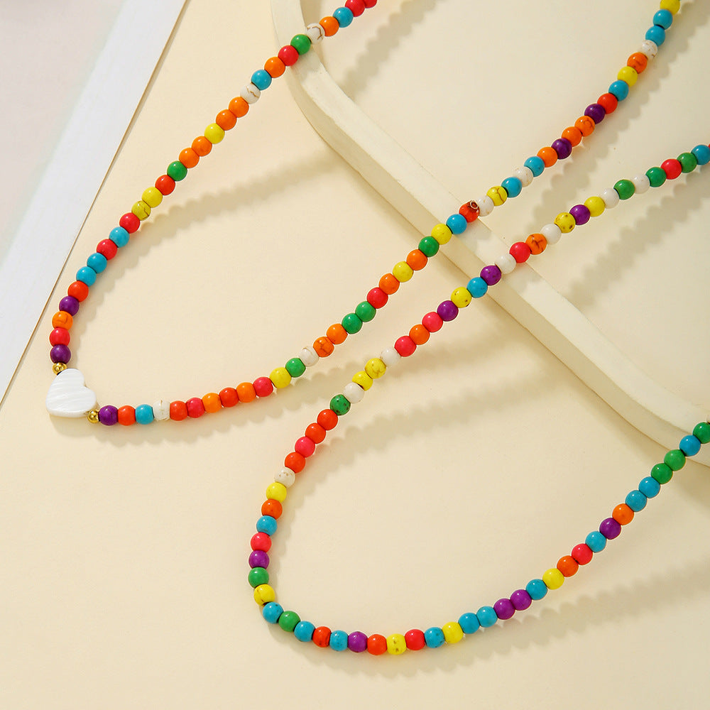 Bohemian Colorful Turquoise Beaded Necklace with Heart Mother of Pearl Pendant on Cable Chain for Women