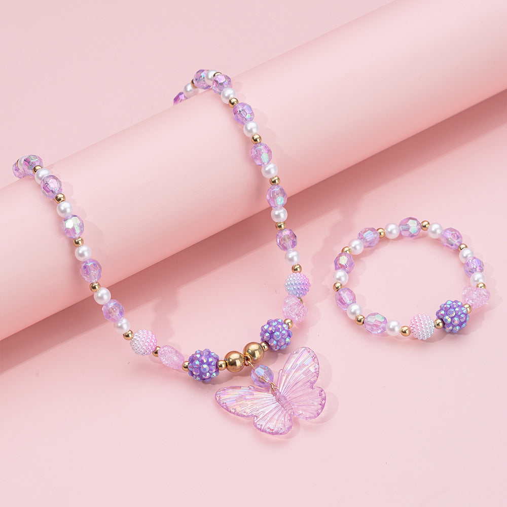 Set di Collana per Bambini a Forma di Farfalla in Stile Cartone Animato con Pendente in Acrilico su Catena di Perline, per Bambini dai 3 ai 10 Anni, Realizzato in Resina e Plastica