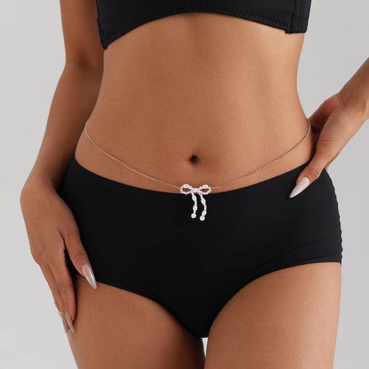 Catena da vita punk con fiocco in metallo e perle simulate per donna, catena per il corpo estiva minimalista