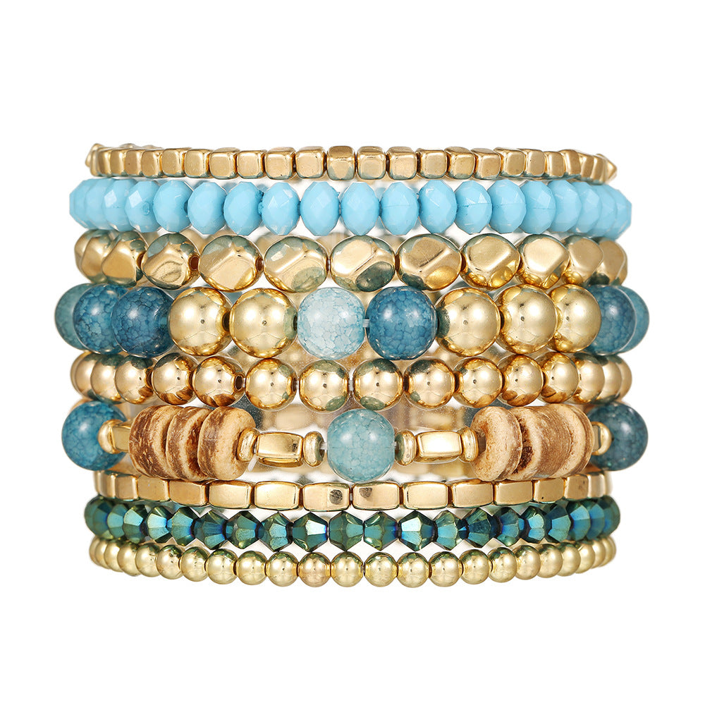 Bohemian Blue Geometric Round Wood and Crystal Beaded Bracelet Set