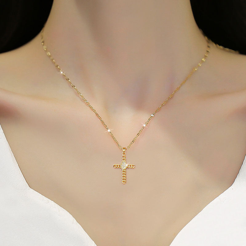 Collana Pendente a Croce Geometrica Esotica da Donna in Acciaio al Titanio con Intarsio di Zirconi e Placcatura in Oro