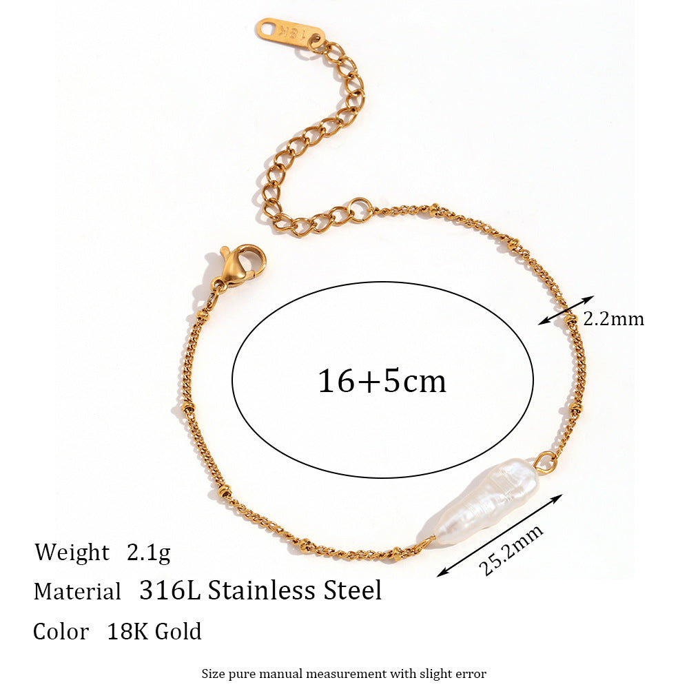 Elegant 18K Gold Plated Geometric Stainless Steel Necklace with Baroque Pearl Pendant