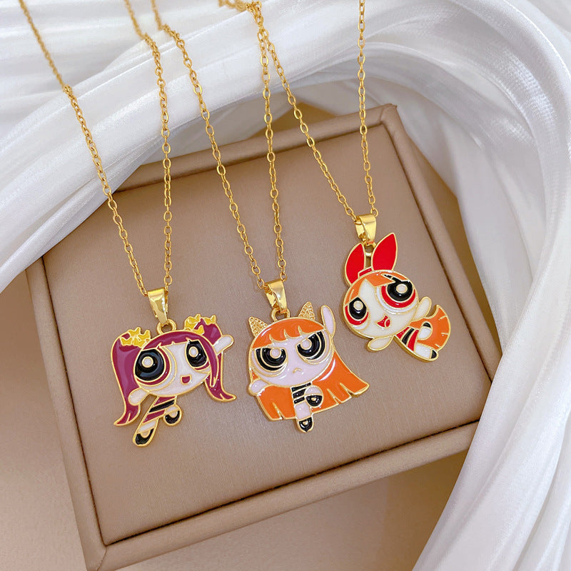 Sweet Cartoon Moon Geometric Rhinestone Pendant Titanium Steel Necklace for Unisex