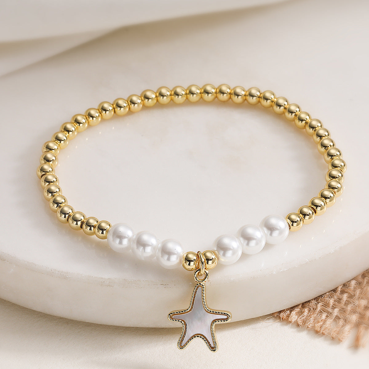 Minimalist Elegant Gold Plated Brass Geometric Starfish Beaded Bracelet for Women