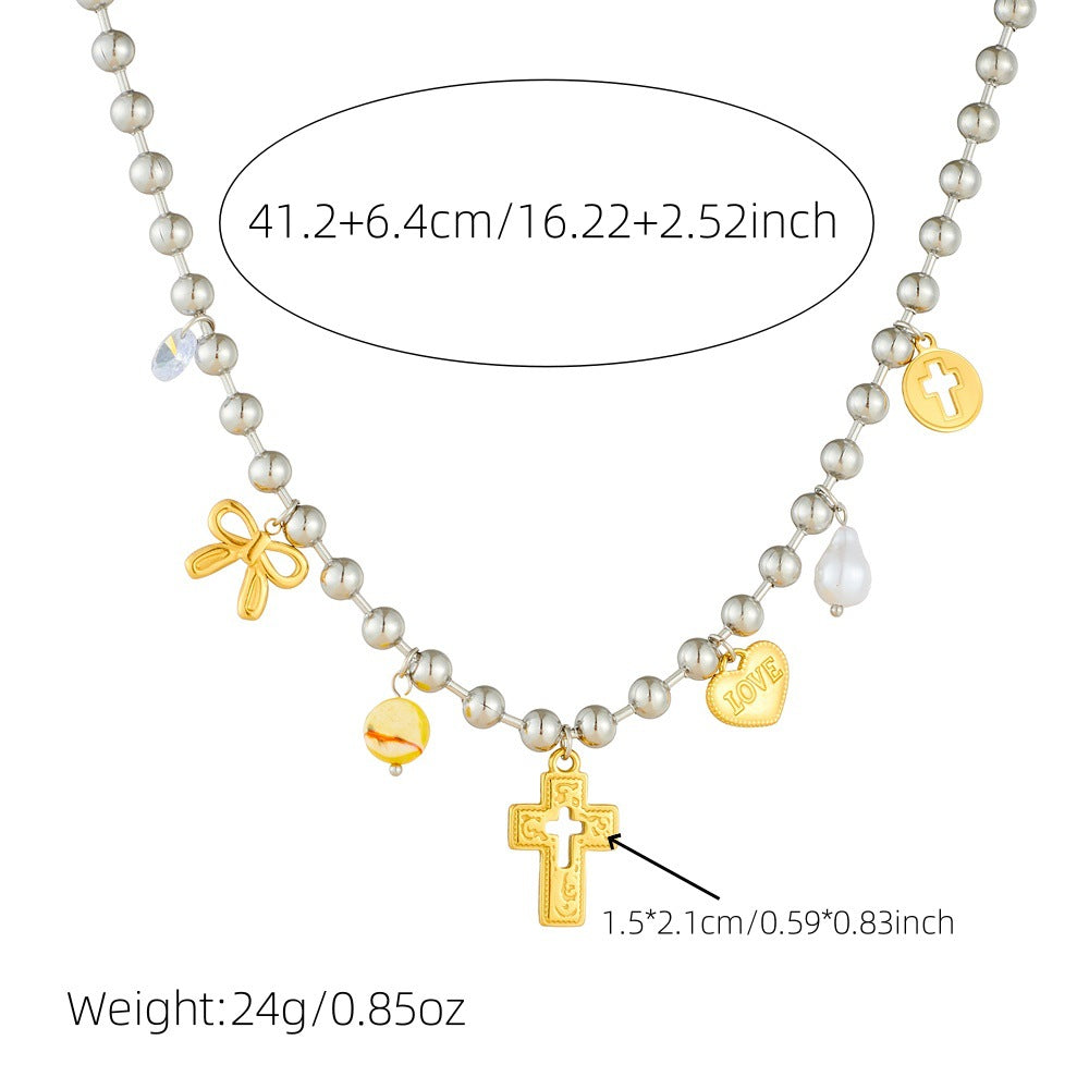 Sweet Cross Heart Bow Drip Oil Eye Pendant Stainless Steel Ball Chain Necklace for Women