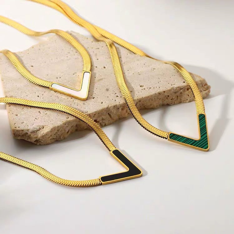 Minimalist V-Shaped Titanium Steel Necklace for Women with Flat Snake Chain and Letter Accent