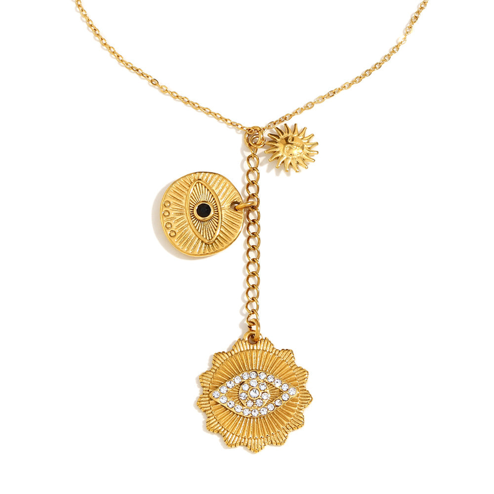 Collar con colgante geométrico minimalista de acero inoxidable con baño de oro de 18 quilates y detalle de borla de ojo para mujer