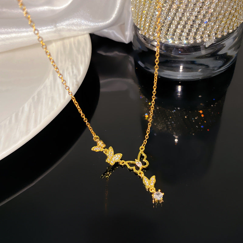 Micro-Paved Cubic Zirconia Star Floral Tassel Titanium Steel Necklace for Women