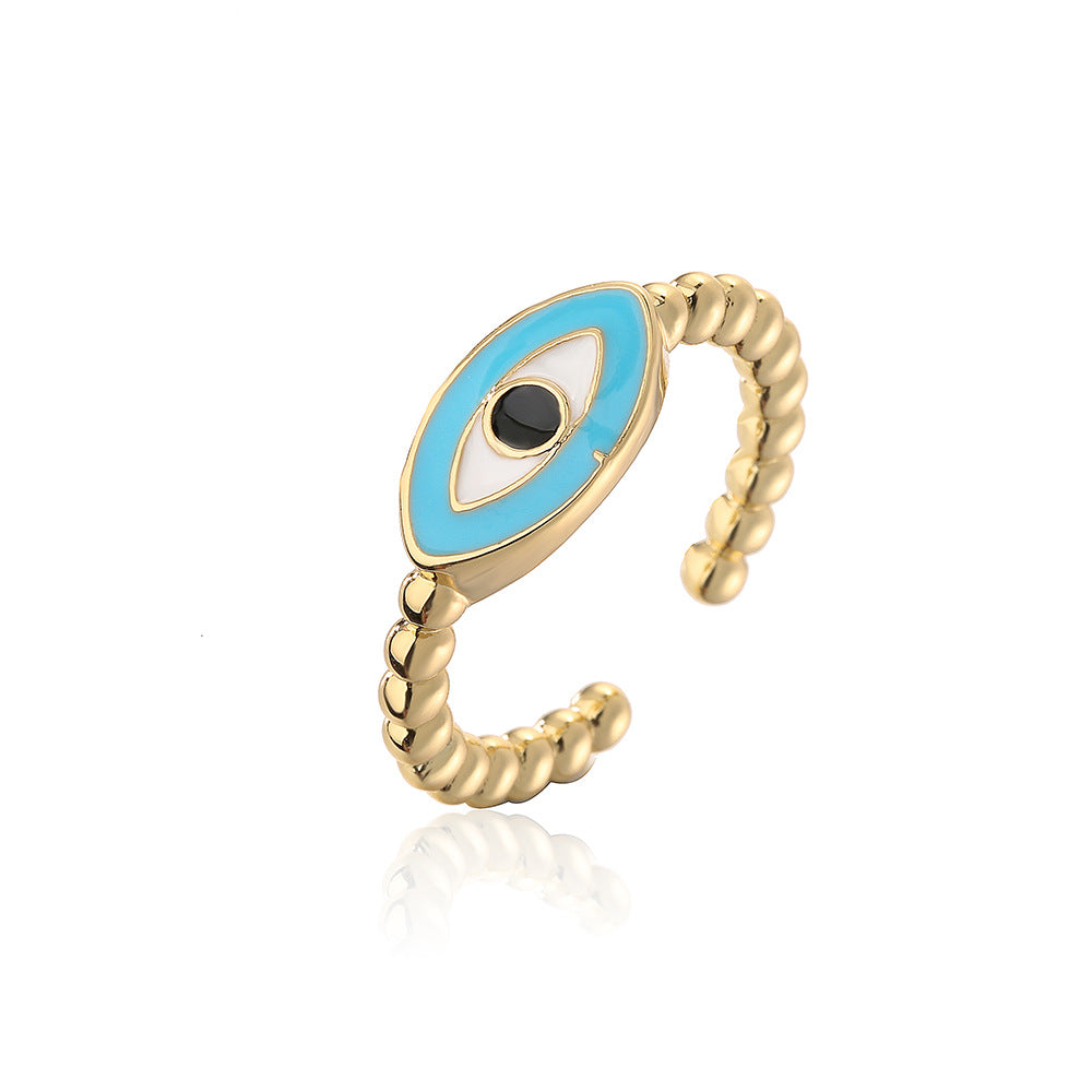 Anello Aperto Geometrico Minimalista da Donna con Base in Rame, Placcatura in Oro 18K e Smalto a Forma di Occhio di Allah