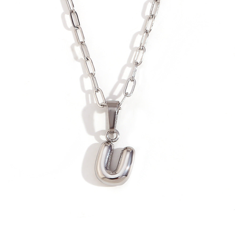 Minimalist Fashion Letter Pendant Necklace in Stainless Steel with 18K Gold Plating, Bubble-Inspired Mini Safety Pin Design for Women