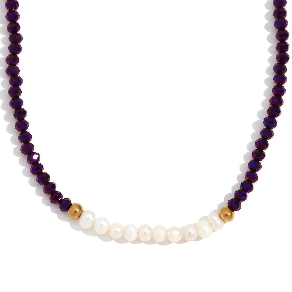 Collana alla moda da donna in stile OL con pendente geometrico in acciaio inossidabile, dieci perle d'acqua dolce e cristalli sfaccettati scuri infilati a mano su catena standard