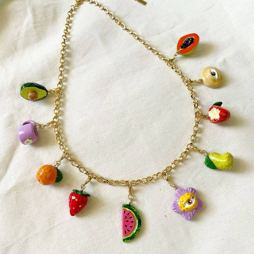 Vintage 18K Gold Plated Fruit Plant Titanium Steel Charm Bar Necklace