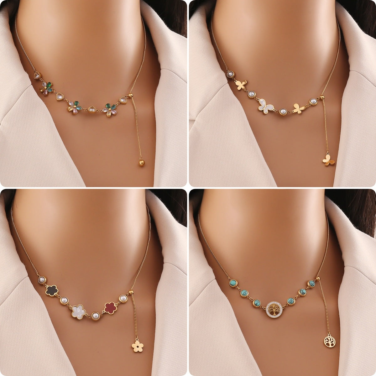 Collana Floreale Trendy con Perle e Farfalle in Acciaio Inossidabile con Strass e Finitura Placcata per Donna
